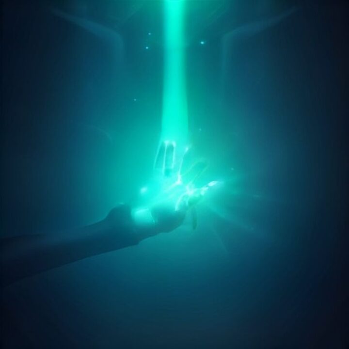 A glowing universal connector transforming light streams into a translucent robotic hand, symbolizing the Model Context Protocol giving AI hands